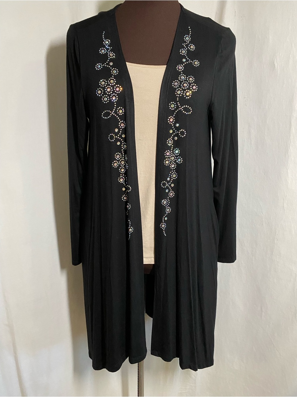 Vocal Black Open-Front Cardigan with Rhinestone Floral Trim